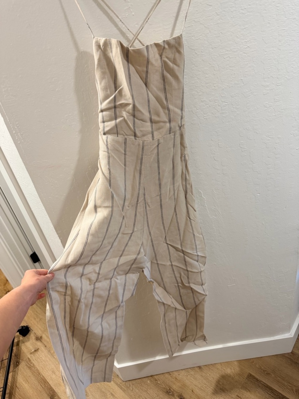 Reformation Beige Jumpsuit with Thin Gray Stripes